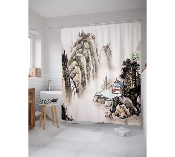 Штора (занавеска) для ванной JoyArty "Беседка зимой в горах" из сатена, 180х200 см с крючками, sc_52773 1