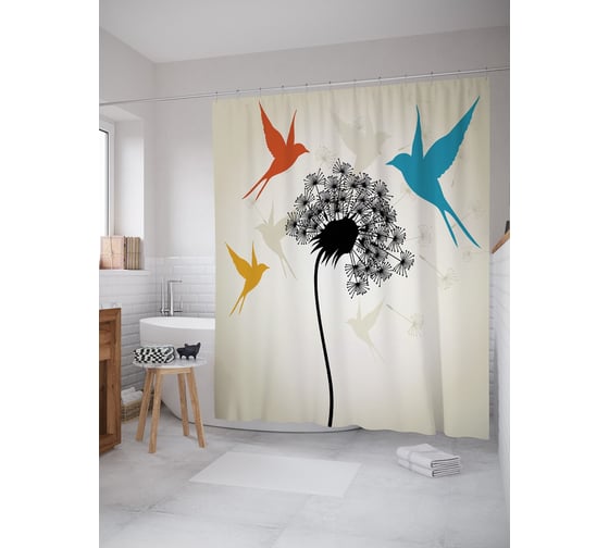 Штора (занавеска) для ванной JoyArty "Птицы над одуванчиком" из сатена, 180х200 см с крючками, sc_58569 1