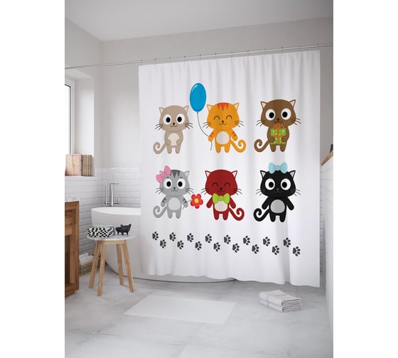 Штора (занавеска) для ванной JoyArty "Котик с шариком" из сатена, 180х200 см с крючками, sc_52753 1