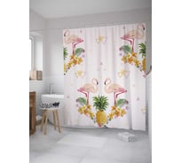 Штора (занавеска) для ванной JoyArty "Остров фламинго" из сатена, 180х200 см с крючками, sc_9445