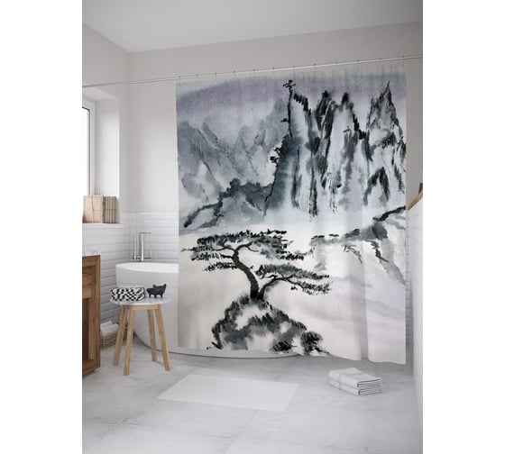 Штора (занавеска) для ванной JoyArty "Японский пейзаж" из сатена, 180х200 см с крючками, sc_60536 1