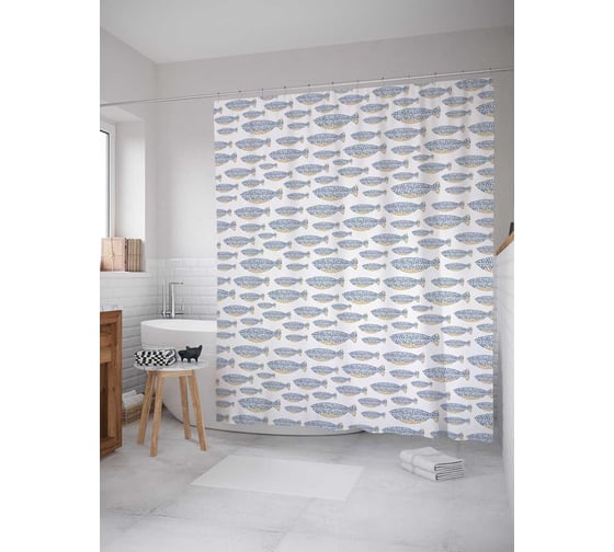 Штора (занавеска) для ванной JoyArty "Рыбки из точек" из сатена, 180х200 см с крючками, sc_70011 1