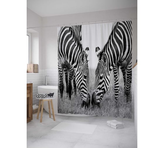 Штора (занавеска) для ванной JoyArty "Миролюбивые зебры" из сатена, 180х200 см с крючками, sc_8903 1