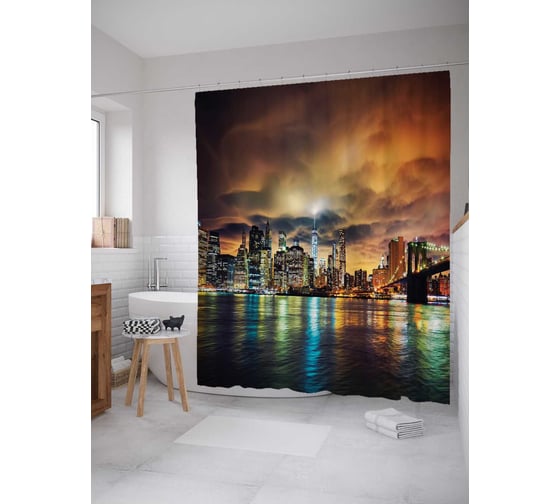 Штора (занавеска) для ванной JoyArty "Городское зеркало" из сатена, 180х200 см с крючками, sc_9620 1