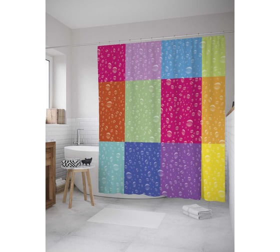 Штора (занавеска) для ванной JoyArty "Радужная влага" из сатена, 180х200 см с крючками, sc_7956 1