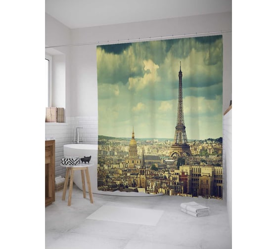 Штора (занавеска) для ванной JoyArty "Парижский край" из сатена, 180х200 см с крючками, sc_8952