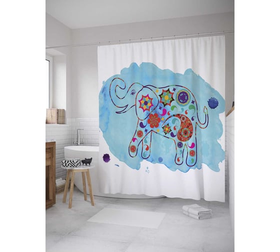 Штора (занавеска) для ванной JoyArty "Таиланд, слон, пейсли" из сатена, 180х200 см с крючками, sc_8893