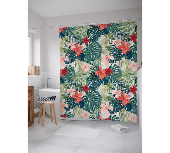 Штора (занавеска) для ванной JoyArty "Тропики" из сатена, 180х200 см с крючками, sc_36057 1