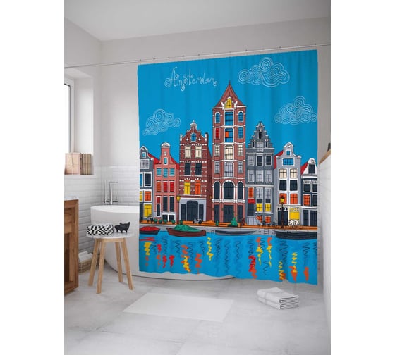 Штора (занавеска) для ванной JoyArty "Дома на воде" из сатена, 180х200 см с крючками, sc_74180 1