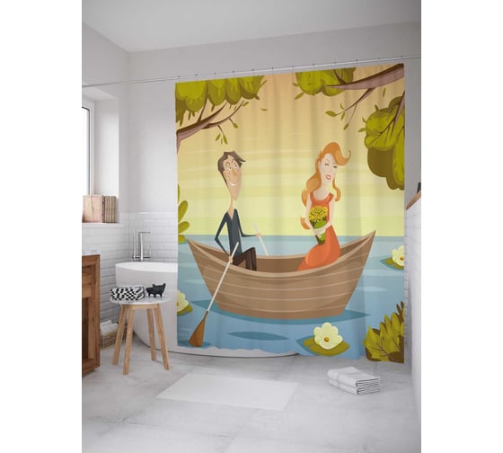 Штора (занавеска) для ванной JoyArty "Влюбленные в лодке" из сатена, 180х200 см с крючками, sc_92000 1