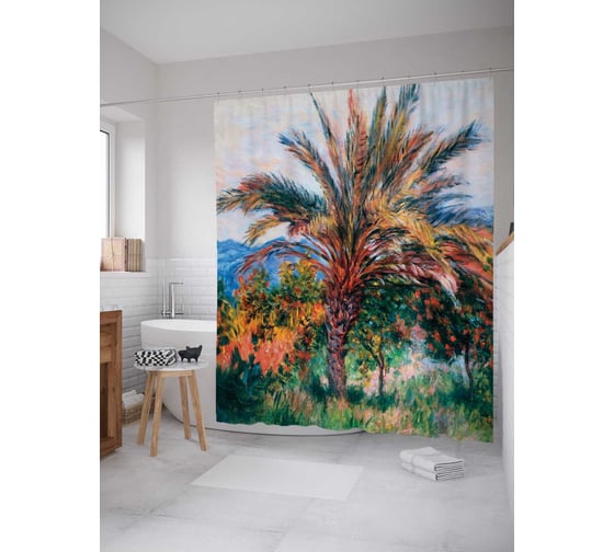 Штора (занавеска) для ванной JoyArty "Пальма в Бордигере" из сатена, 180х200 см с крючками, sc_7794 1