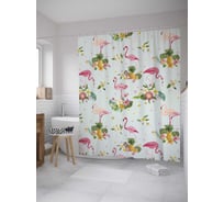 Штора (занавеска) для ванной JoyArty "Фламинго в цветах" из сатена, 180х200 см с крючками, sc_9442
