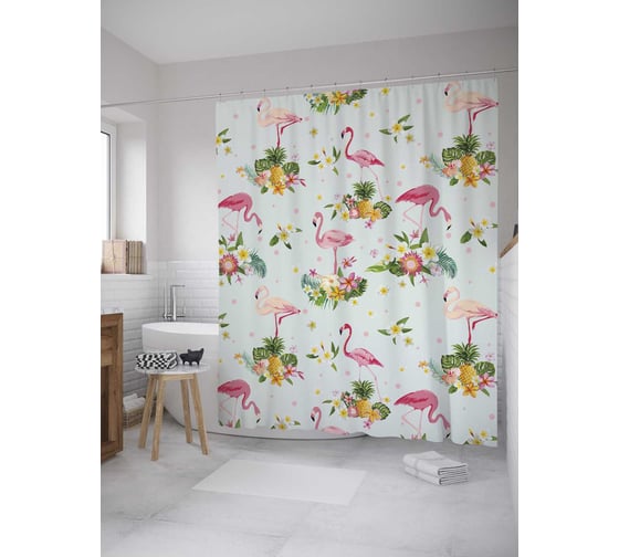 Штора (занавеска) для ванной JoyArty "Фламинго в цветах" из сатена, 180х200 см с крючками, sc_9442 1