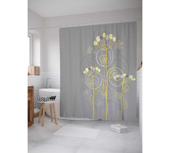 Штора (занавеска) для ванной JoyArty "Цветы с бабочкой" из сатена, 180х200 см с крючками, sc_34696 1