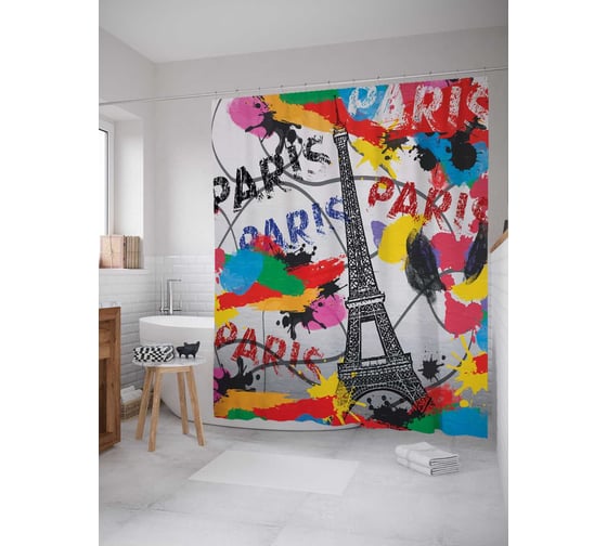 Штора (занавеска) для ванной JoyArty "Игра у эйфелевой башни" из сатена, 180х200 см с крючками, sc_8397 1