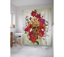 Штора (занавеска) для ванной JoyArty "Череп в цветочном венке" из сатена, 180х200 см с крючками, sc_9764
