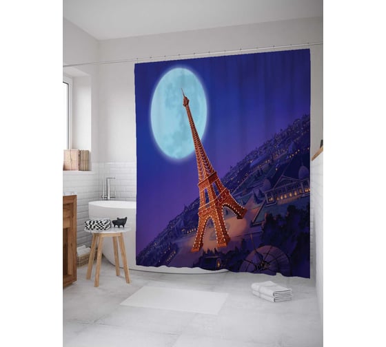 Штора (занавеска) для ванной JoyArty "Парижская луна" из сатена, 180х200 см с крючками, sc_8443 1