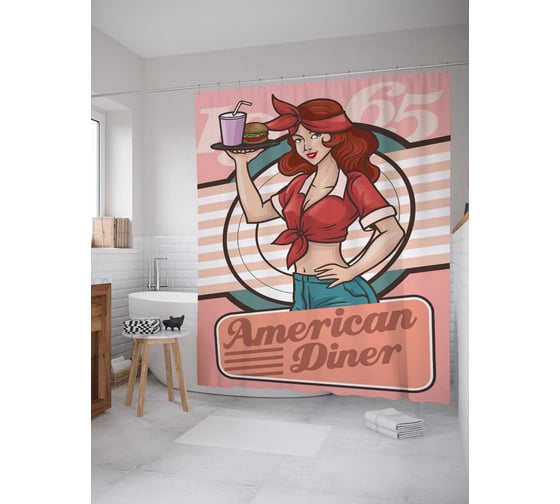 Штора (занавеска) для ванной JoyArty "Американская закусочная" из сатена, 180х200 см с крючками, sc_78588 1