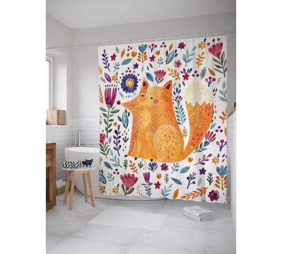 Штора (занавеска) для ванной JoyArty "Довольная лиса" из сатена, 180х200 см с крючками, sc_78049 1