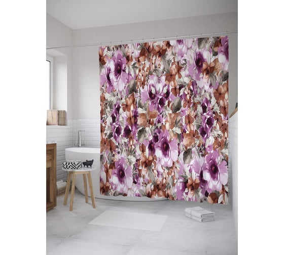Штора (занавеска) для ванной JoyArty "Цветочное внимание" из сатена, 180х200 см с крючками, sc_9115 1