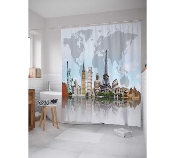 Штора (занавеска) для ванной JoyArty "Всемирная река" из сатена, 180х200 см с крючками, sc_7101