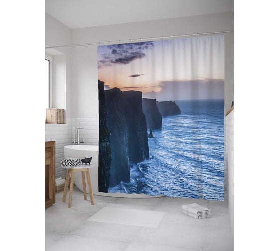 Штора (занавеска) для ванной JoyArty "Морские обрывы" из сатена, 180х200 см с крючками, sc_8444 1