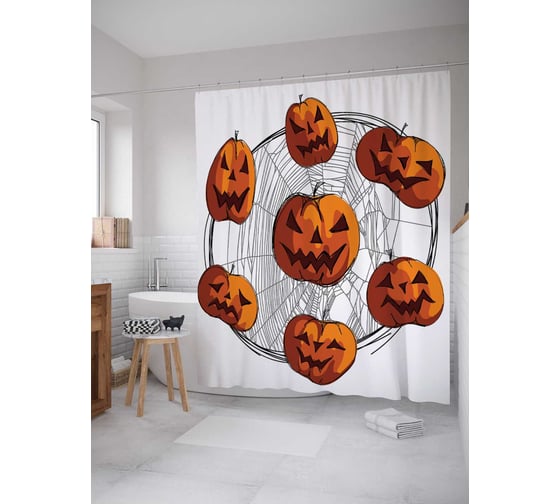 Штора (занавеска) для ванной JoyArty "Тыквенная паутина" из сатена, 180х200 см с крючками, sc_6018 1