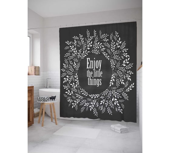 Штора (занавеска) для ванной JoyArty "Счастье в мелочах" из сатена, 180х200 см с крючками, sc_67466 1