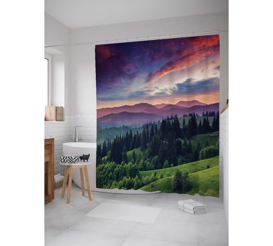 Штора (занавеска) для ванной JoyArty "Фиолетовый закат" из сатена, 180х200 см с крючками, sc_6376 1