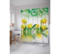 Штора (занавеска) для ванной JoyArty "Водные нарциссы" из сатена, 180х200 см с крючками, sc_7558