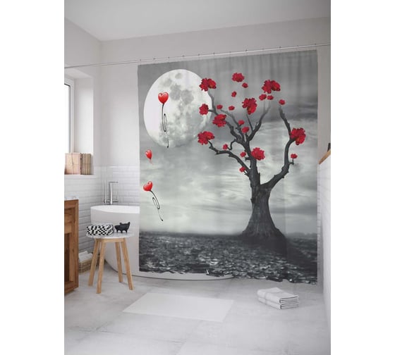 Штора (занавеска) для ванной JoyArty "Сердца, летящие на луну" из сатена, 180х200 см с крючками, sc_6589 1