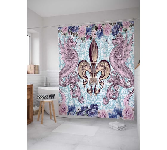 Штора (занавеска) для ванной JoyArty "Лиственный орнамент" из сатена, 180х200 см с крючками, sc_8552