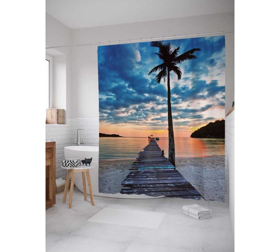 Штора (занавеска) для ванной JoyArty "Закат на лазурном берегу" из сатена, 180х200 см с крючками, sc_7825 1