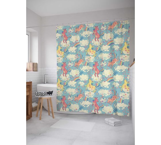 Штора (занавеска) для ванной JoyArty "Единорог в облаках" из сатена, 180х200 см с крючками, sc_38063