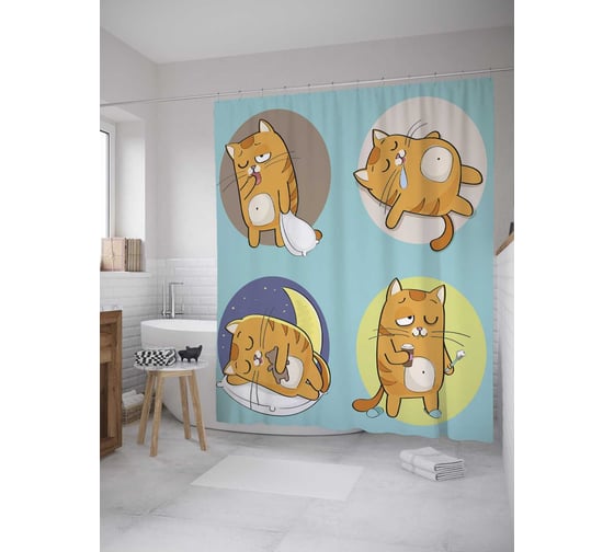 Штора (занавеска) для ванной JoyArty "Сонный котик" из сатена, 180х200 см с крючками, sc_9649 1