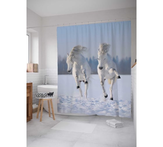 Штора (занавеска) для ванной JoyArty "Белые лошади" из сатена, 180х200 см с крючками, sc_7575 1
