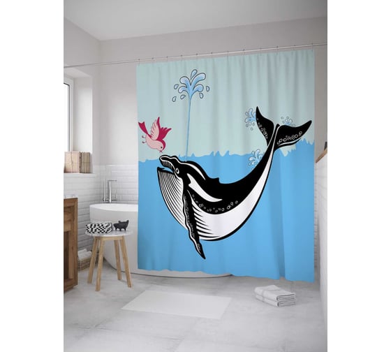 Штора (занавеска) для ванной JoyArty "Птица и кит" из сатена, 180х200 см с крючками, sc_8555 1