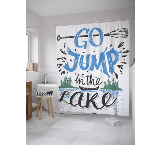 Штора (занавеска) для ванной JoyArty "Лагерь на реке" из сатена, 180х200 см с крючками, sc_35762 1