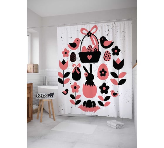 Штора (занавеска) для ванной JoyArty "Пасхальный кролик" из сатена, 180х200 см с крючками, sc_3516 1