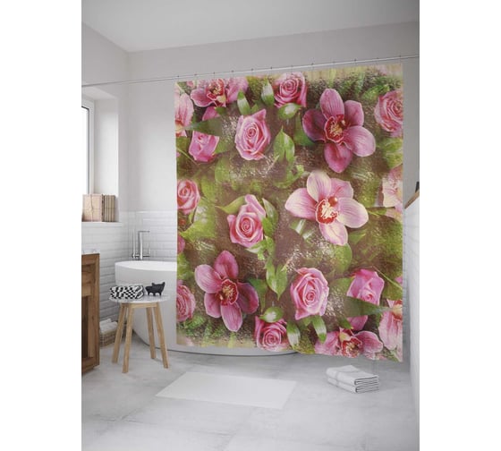 Штора (занавеска) для ванной JoyArty "Цветочная скатерть" из сатена, 180х200 см с крючками, sc_35848 1