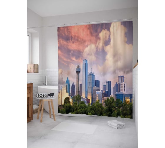 Штора (занавеска) для ванной JoyArty "Облака над городом" из сатена, 180х200 см с крючками, sc_36809 1