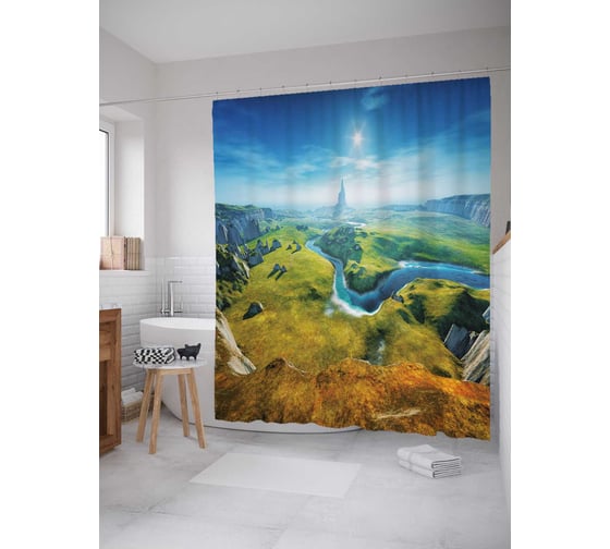 Штора (занавеска) для ванной JoyArty "Речка в долине" из сатена, 180х200 см с крючками, sc_32875