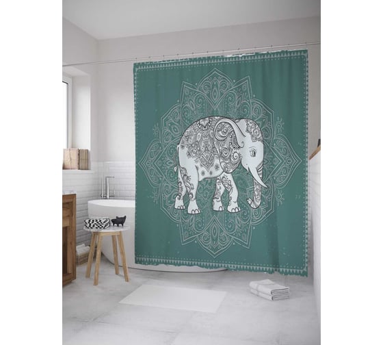Штора (занавеска) для ванной JoyArty "Молодой слон" из сатена, 180х200 см с крючками, sc_35382 1