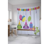 Штора (занавеска) для ванной JoyArty "С Днем рождения от пары совят" из сатена, 180х200 см с крючками, sc_34439