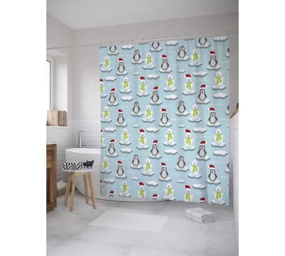 Штора (занавеска) для ванной JoyArty "Рождество на льдинах" из сатена, 180х200 см с крючками, sc_32984 1
