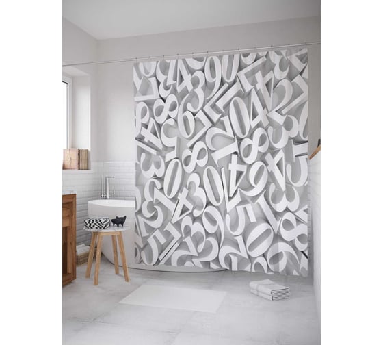 Штора (занавеска) для ванной JoyArty "Монохромные цифры" из сатена, 180х200 см с крючками, sc_37794 1