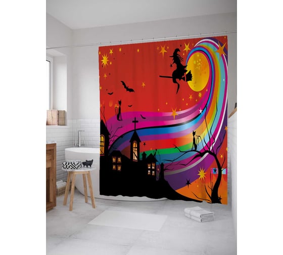 Штора (занавеска) для ванной JoyArty "Полет на шабаш" из сатена, 180х200 см с крючками, sc_36702 1