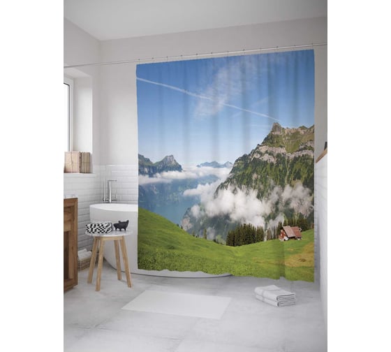 Штора (занавеска) для ванной JoyArty "Долина в облаках" из сатена, 180х200 см с крючками, sc_32842