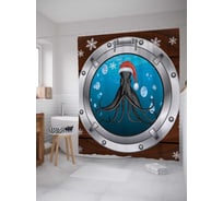 Штора (занавеска) для ванной JoyArty "Празничный осминог в илюминаторе" из сатена, 180х200 см с крючками, sc_5693