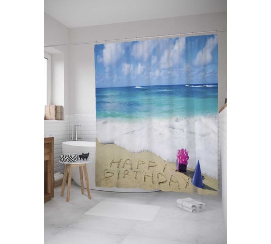 Штора (занавеска) для ванной JoyArty "Именины на пляже" из сатена, 180х200 см с крючками, sc_34377 1